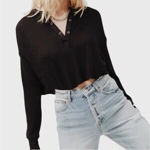 Urban Outfitters Out from Under Black Cropped Long Sleeve Henley Top